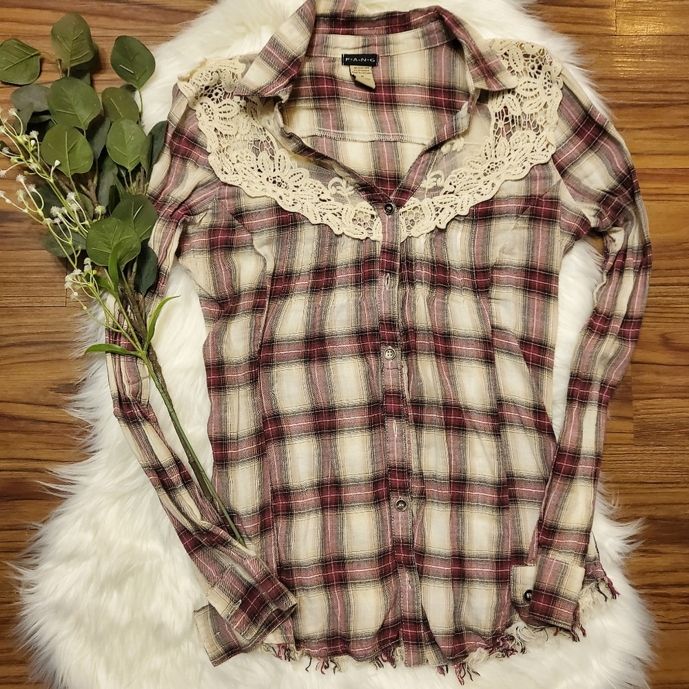 Long Sleeved Plaid Shirt with Lace